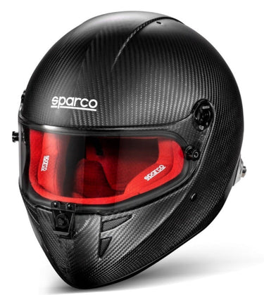 Sparco Stealth RF Carbon racing helmet angled front view with red interior